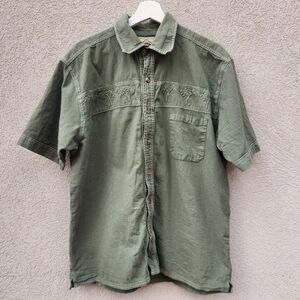 SCULLY Men’s Shirt Medium Khaki Green Peruvian Cotton Palm Trees Embroidered